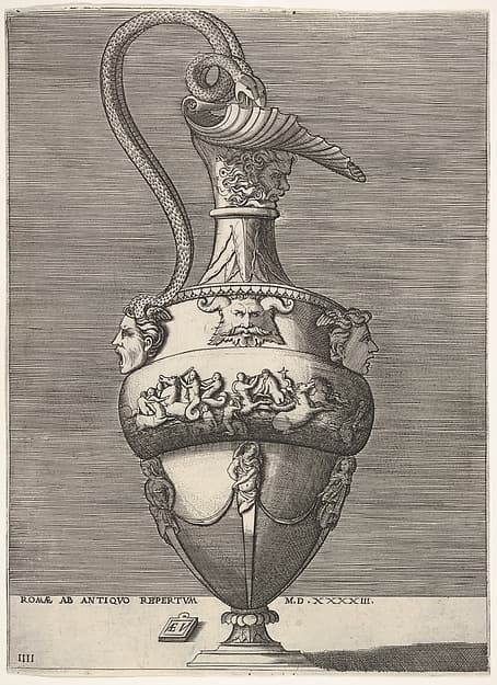 Antique Ewer with a Handle in the Shape of Two Snakes coming from the Head of Medusa below, from "Vases after the Antique", by Enea Vico
