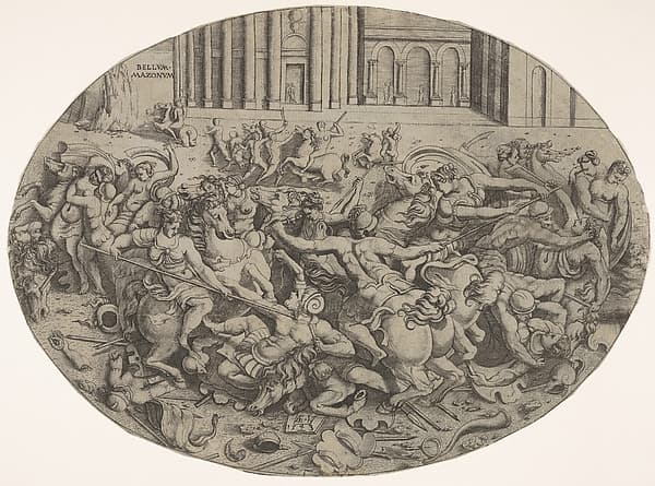 Combat between Amazons and men in front of architectural arcades, an oval composition with weapons, headgear, and bodies strewn along the bottom margin, by Enea Vico
