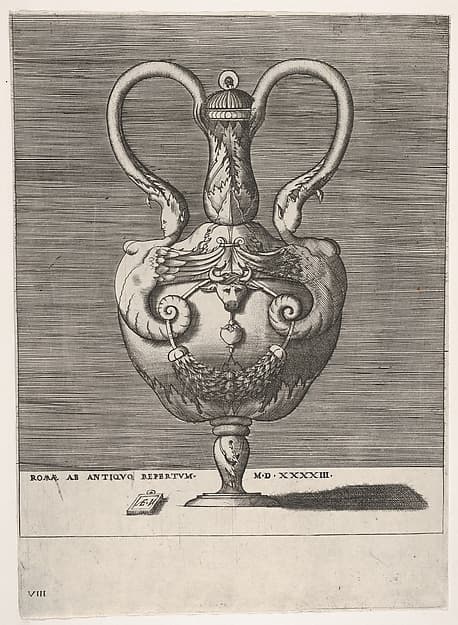 Antique Lidded Vase with Two Handles emerging from the Heads of Hybrid Female Sphinxes, from "Vases after the Antique", by Enea Vico