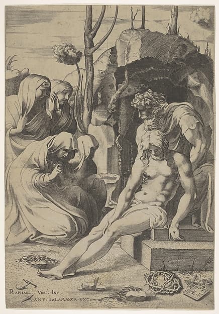 Entombment of Christ, whose chest is grasped by Joseph of Arimathea, with two kneeling and two standing female mourners at left and crown of thorns at bottom right, by Enea Vico