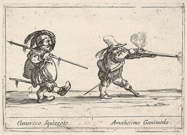 Callot figures; a dwarf man with a spear at left walking towards the right, another dwarf man with a pegleg firing a musket at right, from "Six grotesques" (Six pièces de figures grotesques), by Agostino Mitelli II