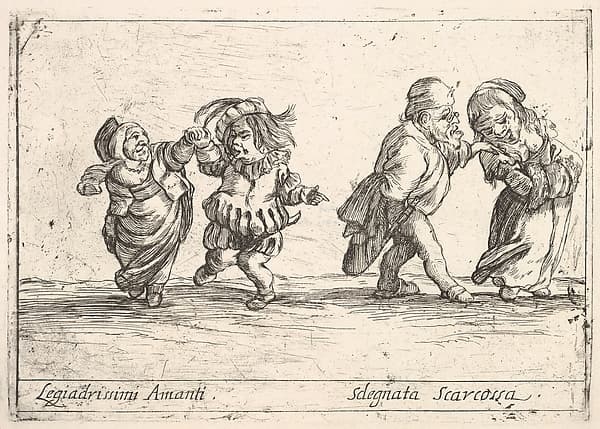 Callot figures; an old dwarf woman dancing with a young dwarf man to left, an old dwarf man touching the shoulder of a young, smiling dwarf woman, from "Six grotesques" (Six pièces de figures grotesques), by Agostino Mitelli II
