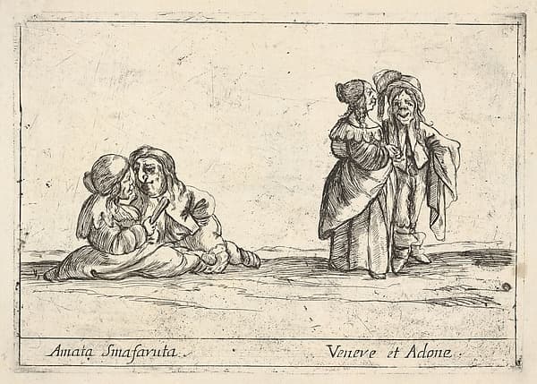 Callot figures; two seated dwarf lovers to left, the woman holding a fan, an old dwarf woman, in profile towards the right, standing with a dwarf man with long hair to right, from "Six grotesques" (Six pièces de figures grotesques), by Agostino Mitelli II
