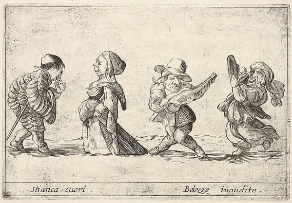 Callot figures; a well-dressed dwarf man to left declaring his love to an old dwarf woman to left, a dwarf man playing the guitar and a dwarf woman dancing with a tambourine to right, from Six grotesques (Six pièces de figures grotesques), by Agostino Mitelli II