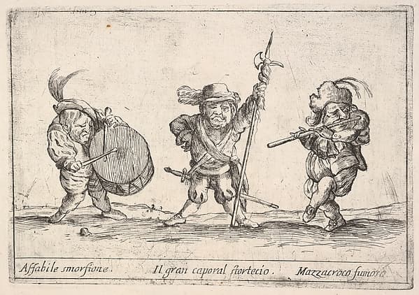 Callot figures; a dwarf man playing the drum at left, a beefeater in center, a flute player to right, from "Six grotesques" (Six pièces de figures grotesques), by Agostino Mitelli II