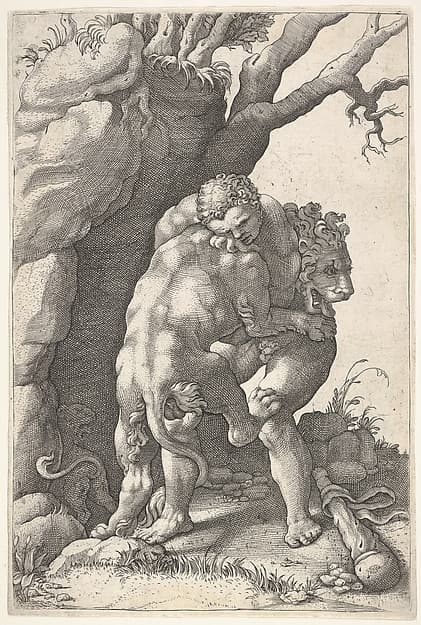 Hercules and the Nemean Lion: Hercules grasps the shoulders and chest of the lion, which is viewed from the back, beside a rocky outcrop, by Adamo (Ghisi) Scultori