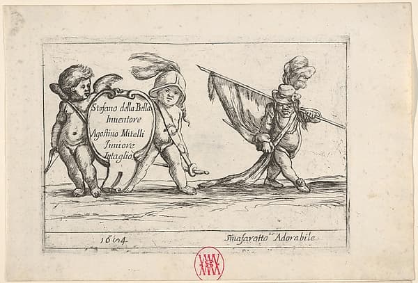 Callot figures; two children carrying a cartouche to left, a dwarf in a plumed hat carrying a standard at right, from "Six grotesques" (Six pièces de figures grotesques), by Agostino Mitelli II