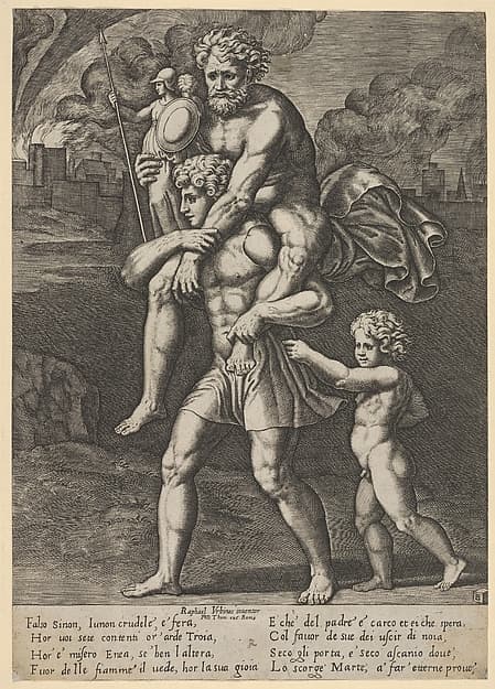Aeneas carrying Anchises on his shoulders while Troy burns in the background, by Master of the Die