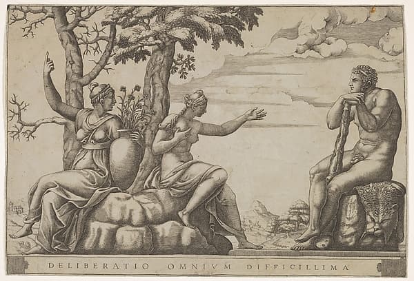 Hercules at the cross-roads, he is seated at the right, to the left are female personifications of Virtue and Vice, by Adamo (Ghisi) Scultori