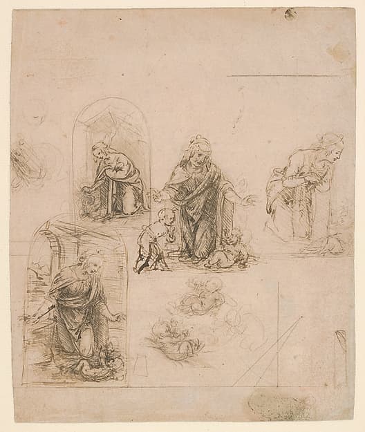 Compositional Sketches for the Virgin Adoring the Christ Child, with and without the Infant St. John the Baptist; Diagram of a Perspectival Projection (recto); Slight Doodles (verso), by Leonardo da Vinci