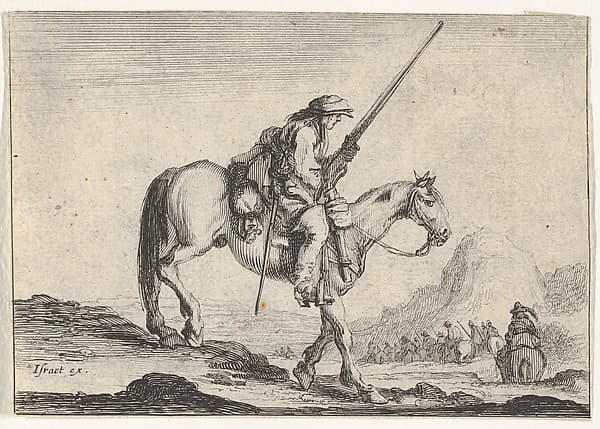Plate 12: A soldier on horseback, holding a musket in his right hand, in profile descending a slope towards the right, other soldiers on horseback to right in the background, from "Various Figures" (Agréable diversité de figures), by Stefano della Bella