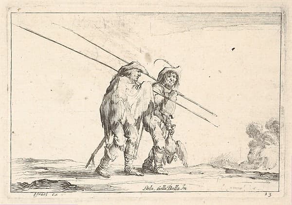 Plate 13: Two pikemen walking towards the right, each with their pikes in their right hands, from "Various Figures" (Agréable diversité de figures), by Stefano della Bella