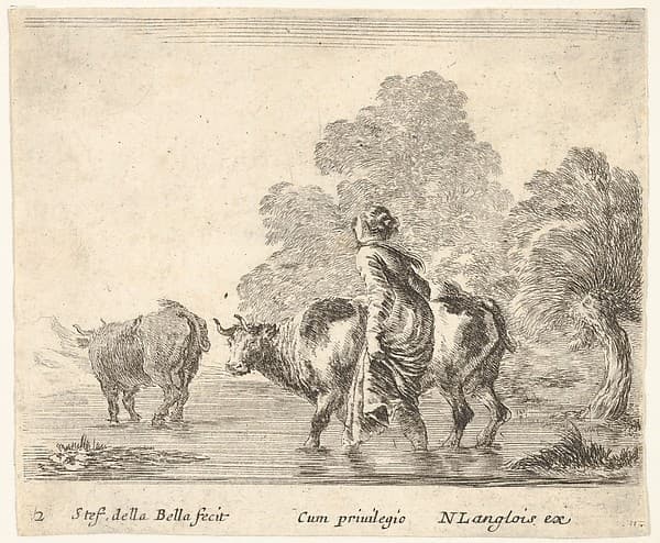 Plate 2: a peasant woman herds two cows across a stream, walking towards the left, from "Diversi Capricci", by Stefano della Bella