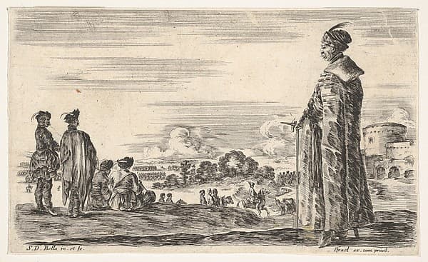 A Polish man in a long robe standing at right in profile, facing left, other Polish men to left, groups of horsemen to left in background and a castle to right in background, from "Various figures and lands" (Diverse figure e paesi), by Stefano della Bella