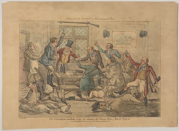 One Days Sport of Three Real Good Ones. The Corinthians making it up...by showing the Johnny Raws how to Grog it, by Henry Thomas Alken