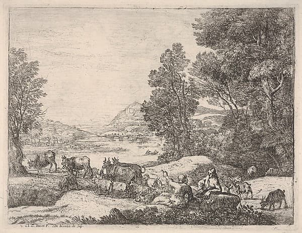 Shepherd and shepherdess conversing in a landscape, with a bridge in the background, by Claude Lorrain (Claude Gellée)