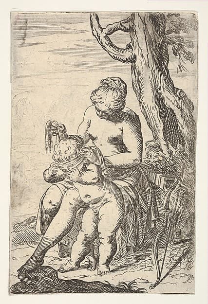 Venus tying a blindfold over Cupid's eyes, from "Sport of Love" (Scherzi d'amore), by Odoardo Fialetti