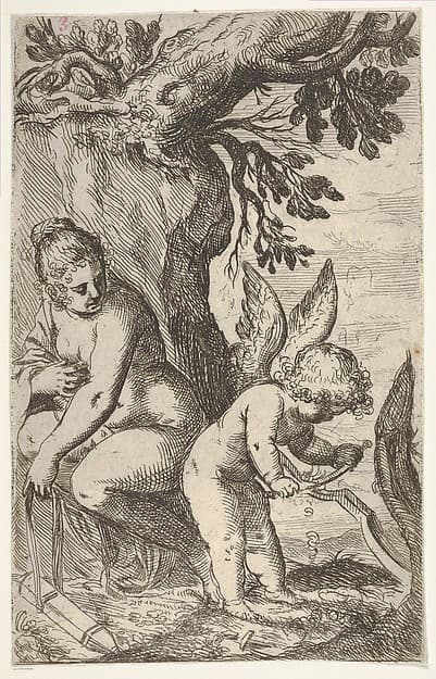 Cupid carves a wooden bow with a file, with his back turned toward Venus, from "Sport of Love" (Scherzi d'amore), by Odoardo Fialetti