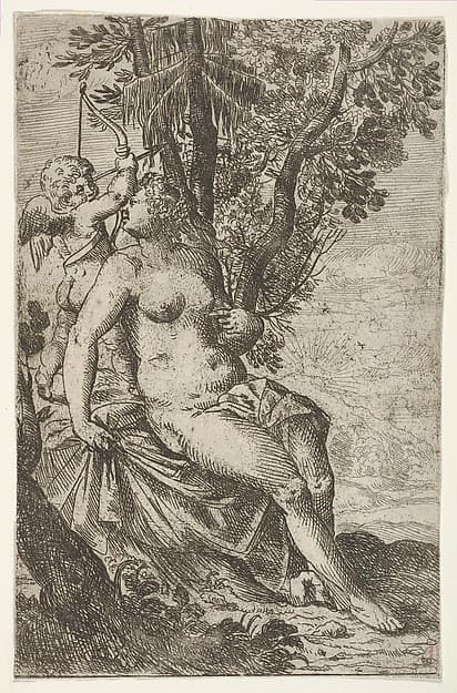 Cupid prepares to shoot an arrow as Venus looks over her right shoulder, from "Sport of Love" (Scherzi d'amore), by Odoardo Fialetti