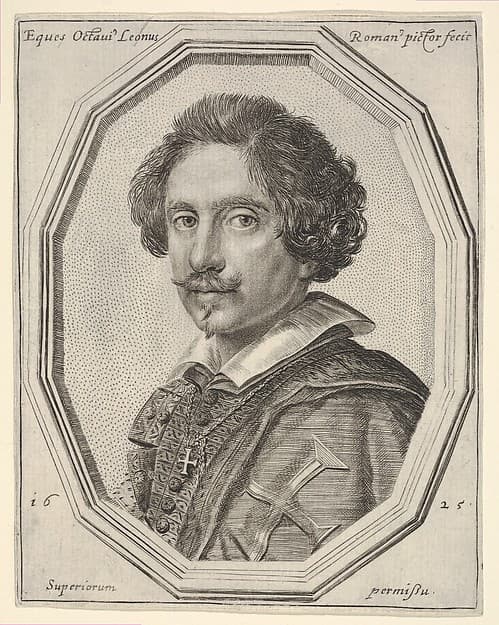 Knight of Malta (self-portrait?), a bust-length portrait in a twelve-sided frame, by Ottavio Leoni (Il Padovano)