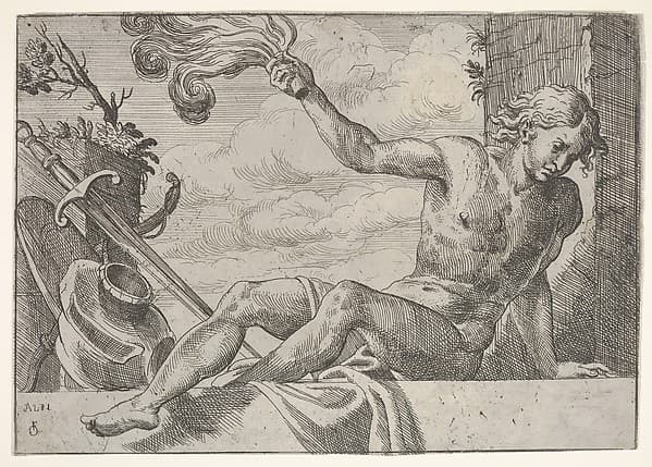 Mars, seated on a wall and holding a flame in his right hand, with armor below, by Odoardo Fialetti