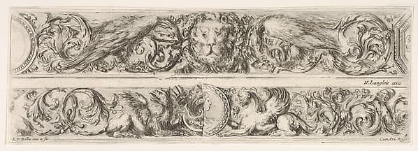 Two Designs for Friezes with Acanthus Scrolls, Each with a Variant, plate 4 from "Decorative friezes and foliage" (Ornamenti di fregi e fogliami), by Stefano della Bella