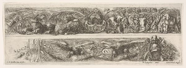 Two Designs for Friezes or Consoles characterized by Armorial Trophies, plate 6 from "Decorative friezes and foliage" (Ornamenti di fregi e fogliami), by Stefano della Bella
