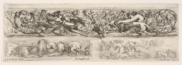 Designs for Three Friezes with Hunting Themes, plate 9 from "Decorative friezes and foliage" (Ornamenti di fregi e fogliami), by Stefano della Bella