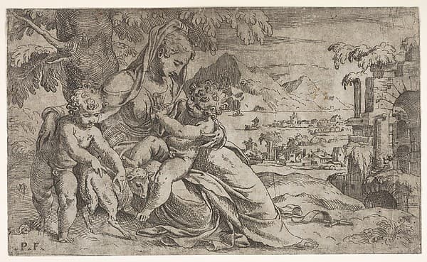 Seated Virgin and Child with Saint John the Baptist and a lamb on a hillside, by Orazio Farinati