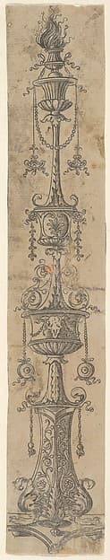 Decorative border panel with flaming candelabra ornamented with foliate designs, swags, and a cow's skull, from Life of the Virgin and Christ, by Francesco Rosselli