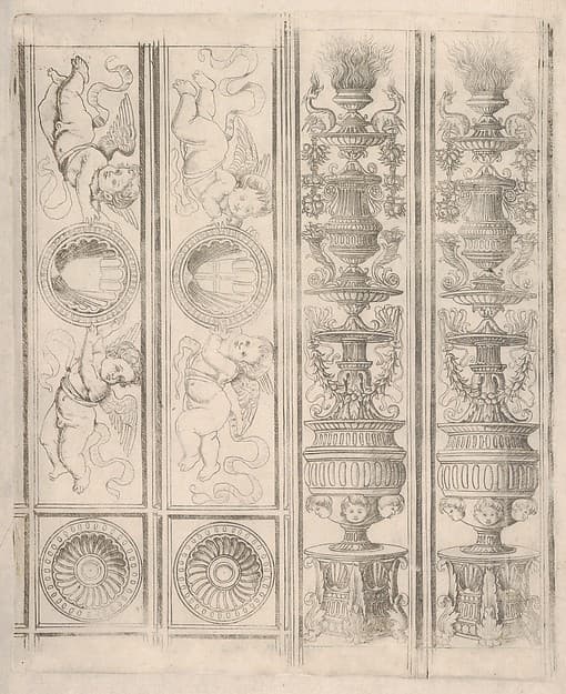 Sheet of border segments: two candelabra and two horizontal pieces with putti, two corners, from Life of the Virgin and Christ, by Francesco Rosselli