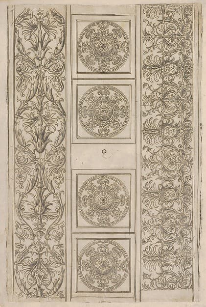 Sheet of border segments: vertical floral ornament, horizontal frieze, four corners, by Francesco Rosselli