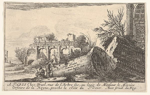 A man reaches toward a fallen column, a seated man beside him, trees and ruins beyond, frontispiece from "Views of Italy" (Vues d'Italie), by Israel Silvestre