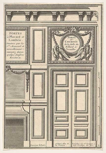 Door and Chimney of the Billiards room at Versailles, plate I from "Portes a Placard et Lambris", by Jean Le Pautre