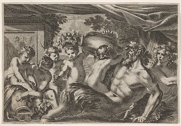 Design for a Panel with a Satyr Drinking from a Vase held up by a Putti, from "Feuillages et autres ornements", by Jean Le Pautre