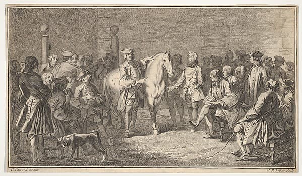 Standing men presenting a horse before a group of seated men, by Jacques Philippe Le Bas