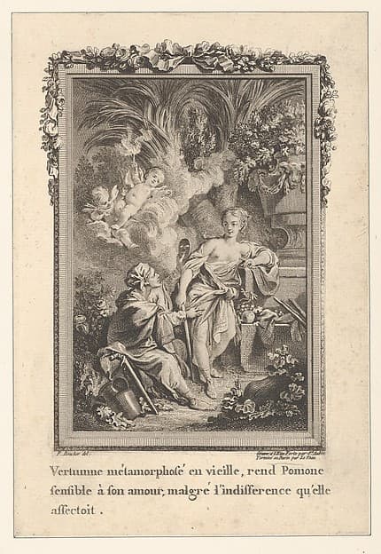 Vertumnus Transforms Himself into an Old Woman and Attempts to Woo Pomona, from Les Métamorphoses d'Ovide en Latin et en François de la traduction de M. l'Abbé Banier de l'Académie Royale des Inscriptions et Belles-Lettres. Avec des explications historiques. A Paris Chez Despilly rue saint Jacques à la croix d'or. MDCCLXVII. Avec Approbation et Privilège du Roi, by Jean Jacques Leveau