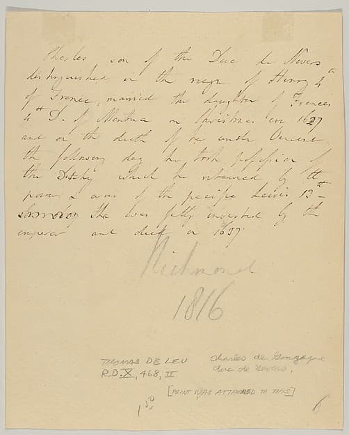 Charles de Gonzague, Duc de Nevers, attached letter, by Thomas de Leu