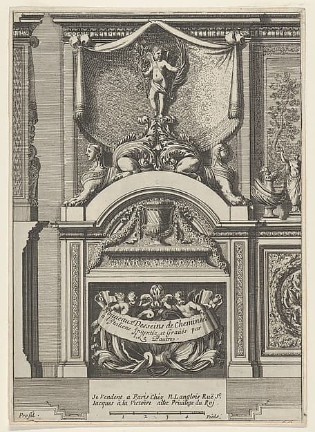Design for a Fireplace Surmounted by Sphynxes and Cupid, title page from "Nouveaux dessins de cheminées à l'italienne", by Jean Le Pautre