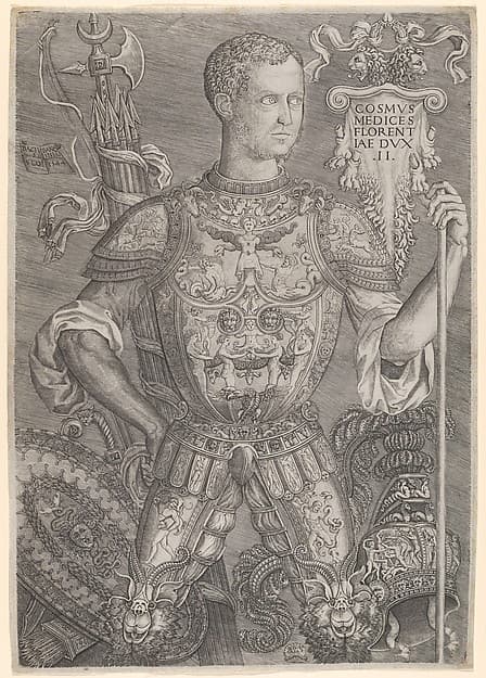 Portrait of Cosimo de' Medici in full armor, his left hand resting on a staff, by Niccolò della Casa