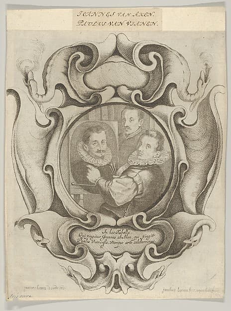 Auricular Cartouche with the Painter Hans von Aachen, the Goldsmith Paulus van Vianen, and the Sculptor Adriaen de Vries, by Jacob Lutma