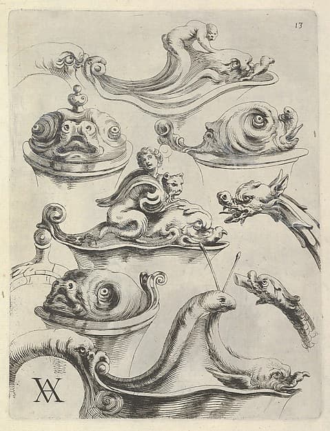 Plate 13, from "Modelli Artificiosi di Vasi diversi d'argento et altre Opere capriciozi (...), Parte prima", by Theodor van Kessel