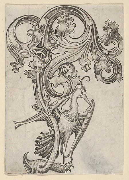 Leaf-ornament with a Heron, by Master ES