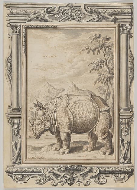Rhinoceros in a Landscape within an Ornamental Frame, by Johann Melchior Füssli