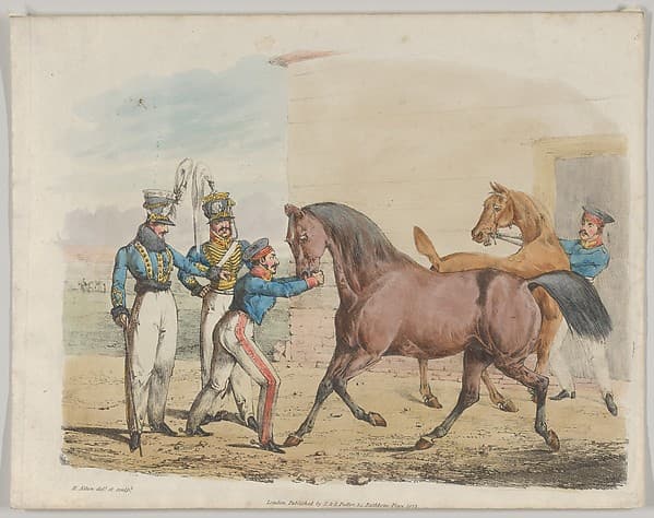 Two Soldiers of a Cavalry Unit, with Horses and Grooms, by Henry Thomas Alken