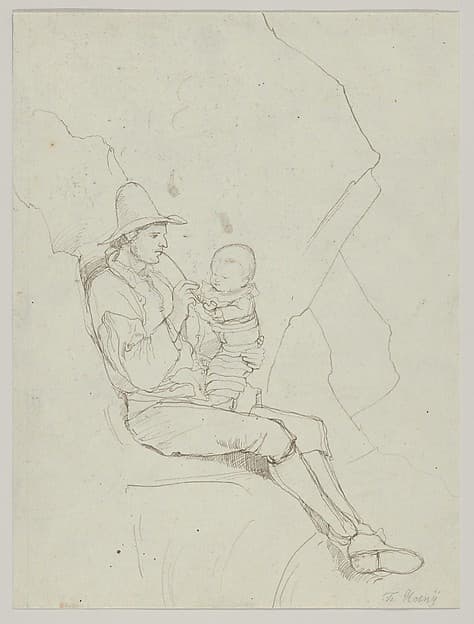 A Seated Italian Shepherd with a Small Child on his lap; verso: A Southern Landscape with a Woman Carrying a Jar on her Head, by Franz Theobald Horny
