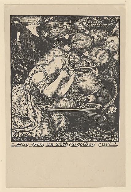 Buy from Us with a Golden Curl (frontispiece to "Goblin Market and other Poems" by Christina Rossetti), by Dante Gabriel Rossetti