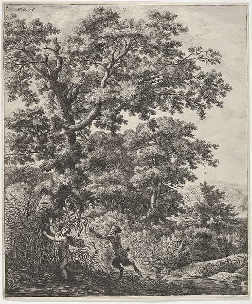 Landscape with Pan and Syrinx, from "Six Mythological Scenes", by Anthonie Waterloo