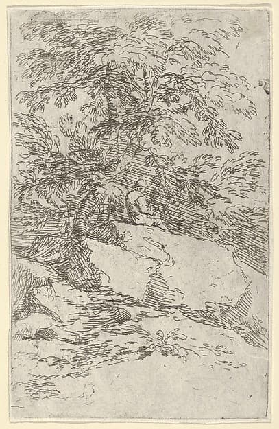 Landscape with a figure seated on a rock, by Salvator Rosa