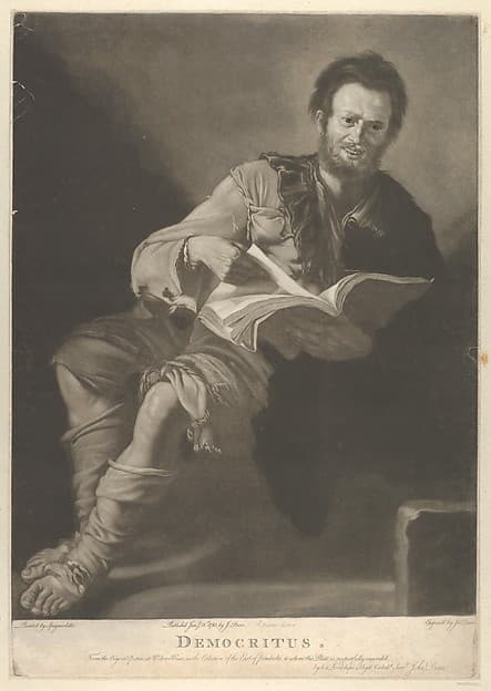 Democritus, seated, holding a book and looking towards the viewer, by John Dean